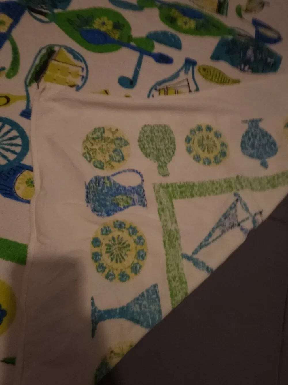 Vintage MCM Kitschy Kitchen Fabric Spice Vegetables Blue Green Brown Table Cloth